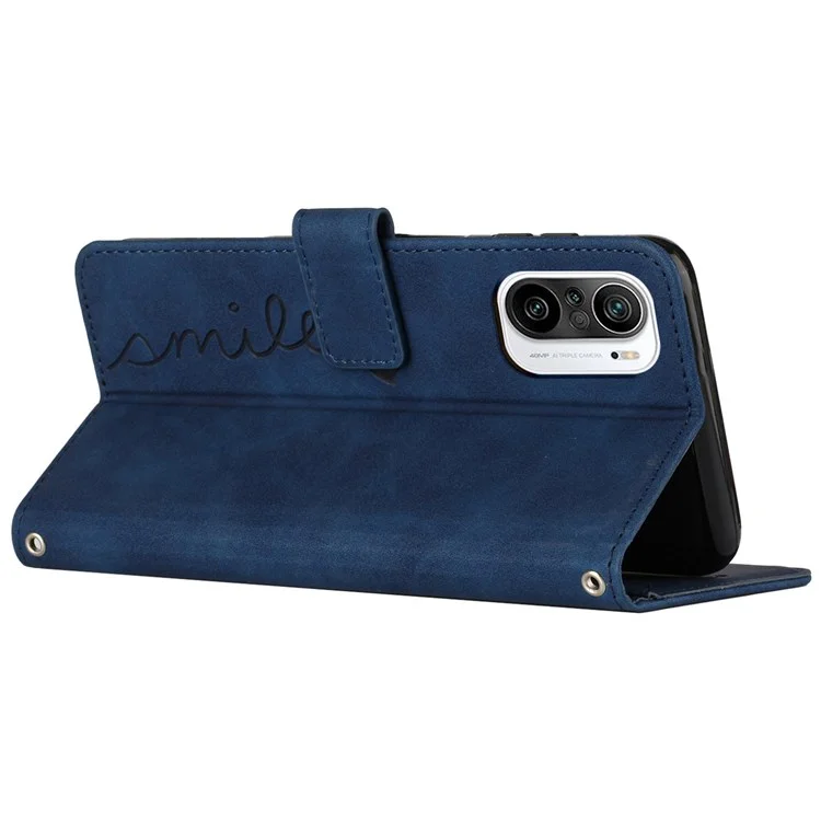 For Xiaomi Redmi K40/K40 Pro/Poco F3/Mi 11i/Mi 11X/Mi 11X Pro Wallet Case Heart Shape Imprinted Skin-touch Feeling PU Leather Stand Flip Cover with Wrist Strap - Sapphire