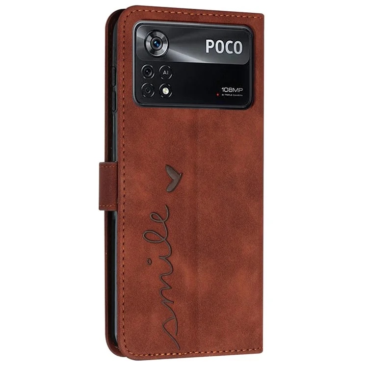 Per Xiaomi Poco X4 Pro 5G Forma Cardiaca Exprinted Anti-fingerprint Case-touch-touch Sennone PU Wallet Stand Ponete Funzione Guscio di Telefono Con Cinturino - Marrone