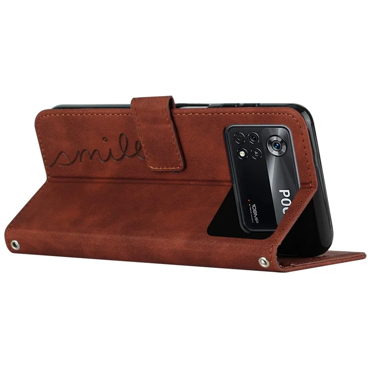 Per Xiaomi Poco X4 Pro 5G Forma Cardiaca Exprinted Anti-fingerprint Case-touch-touch Sennone PU Wallet Stand Ponete Funzione Guscio di Telefono Con Cinturino - Marrone