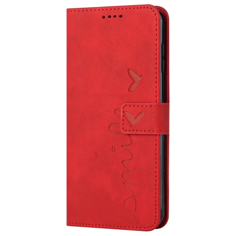 Para Xiaomi Poco M4 Pro 4G Formato do Coração Impresso Anti-drop Handy Strap Design Case de Tupa da Pele PU Carteira de Couro - Vermelho