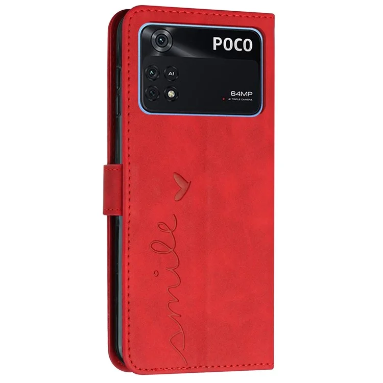 Para Xiaomi Poco M4 Pro 4G Formato do Coração Impresso Anti-drop Handy Strap Design Case de Tupa da Pele PU Carteira de Couro - Vermelho