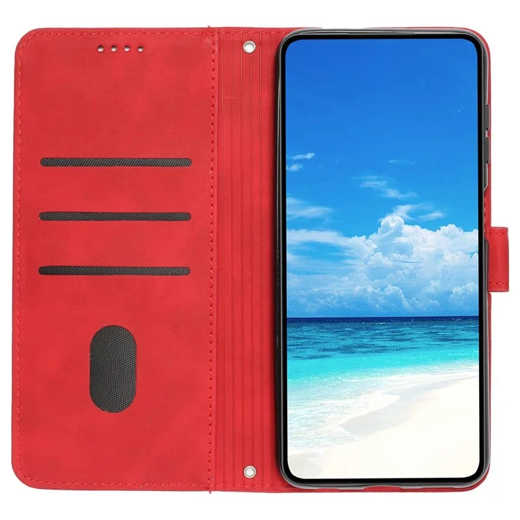 Para Xiaomi Poco M4 Pro 4G Formato do Coração Impresso Anti-drop Handy Strap Design Case de Tupa da Pele PU Carteira de Couro - Vermelho