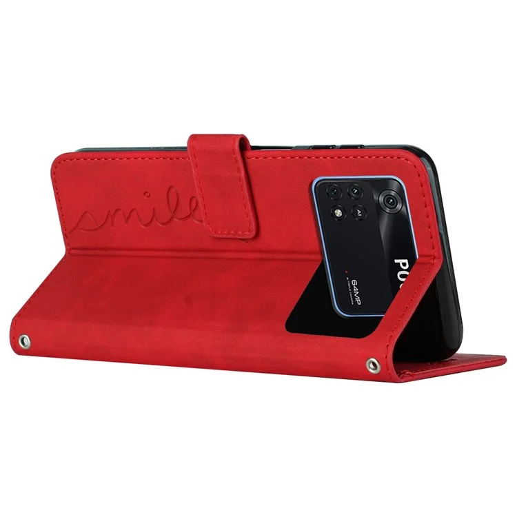 Para Xiaomi Poco M4 Pro 4G Formato do Coração Impresso Anti-drop Handy Strap Design Case de Tupa da Pele PU Carteira de Couro - Vermelho