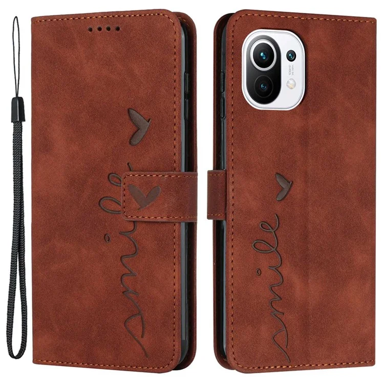 For Xiaomi 11 Lite 5G NE/Mi 11 Lite 5G/4G Shockproof Imprinted Phone Cover Skin-touch Feeling Heart Shape Wallet Case Stand with Strap - Brown