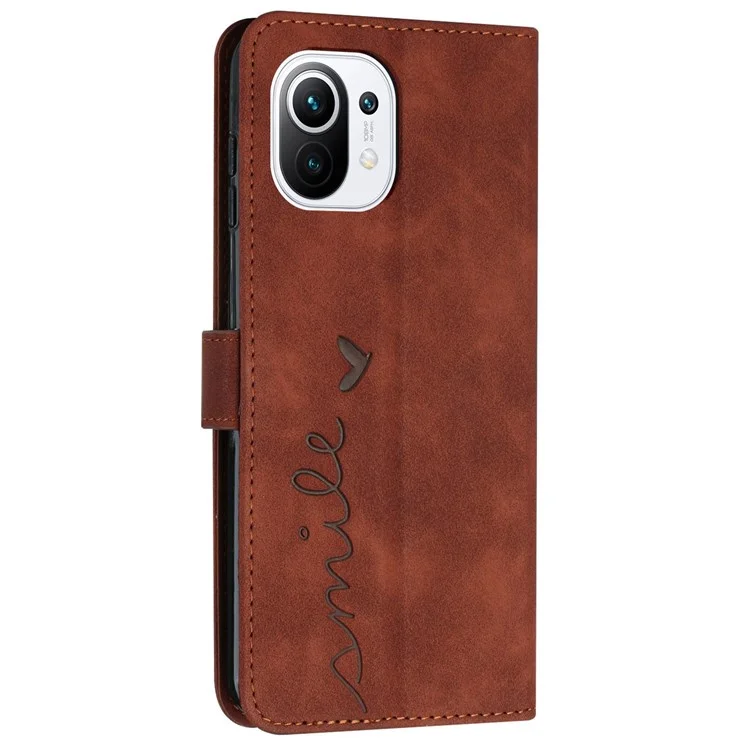 For Xiaomi 11 Lite 5G NE/Mi 11 Lite 5G/4G Shockproof Imprinted Phone Cover Skin-touch Feeling Heart Shape Wallet Case Stand with Strap - Brown