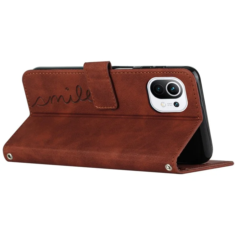 For Xiaomi 11 Lite 5G NE/Mi 11 Lite 5G/4G Shockproof Imprinted Phone Cover Skin-touch Feeling Heart Shape Wallet Case Stand with Strap - Brown