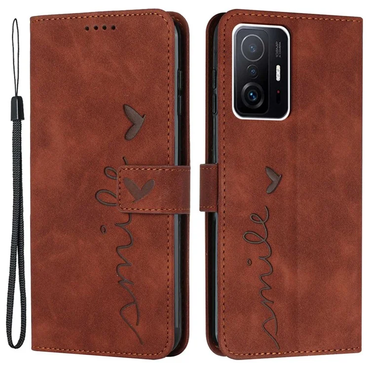 For Xiaomi 11T 5G/11T Pro 5G Drop-proof Heart Shape Imprinted Phone Case PU Leather Skin-touch Feeling Wallet Stand Well Protection Shell with Strap - Brown