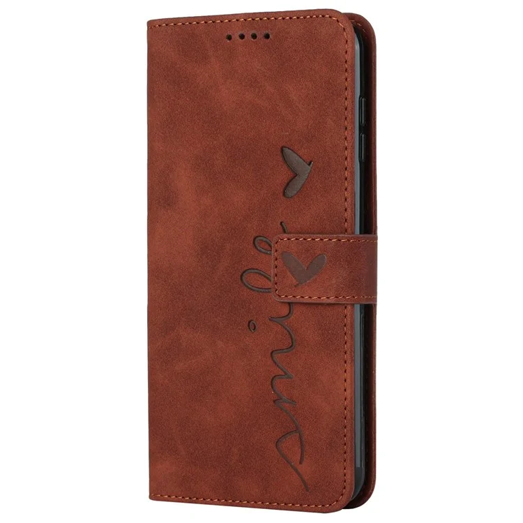 For Xiaomi 11T 5G/11T Pro 5G Drop-proof Heart Shape Imprinted Phone Case PU Leather Skin-touch Feeling Wallet Stand Well Protection Shell with Strap - Brown