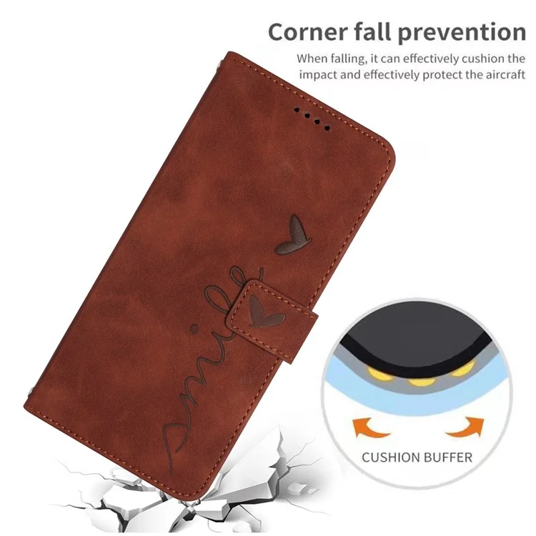 For Xiaomi 11T 5G/11T Pro 5G Drop-proof Heart Shape Imprinted Phone Case PU Leather Skin-touch Feeling Wallet Stand Well Protection Shell with Strap - Brown