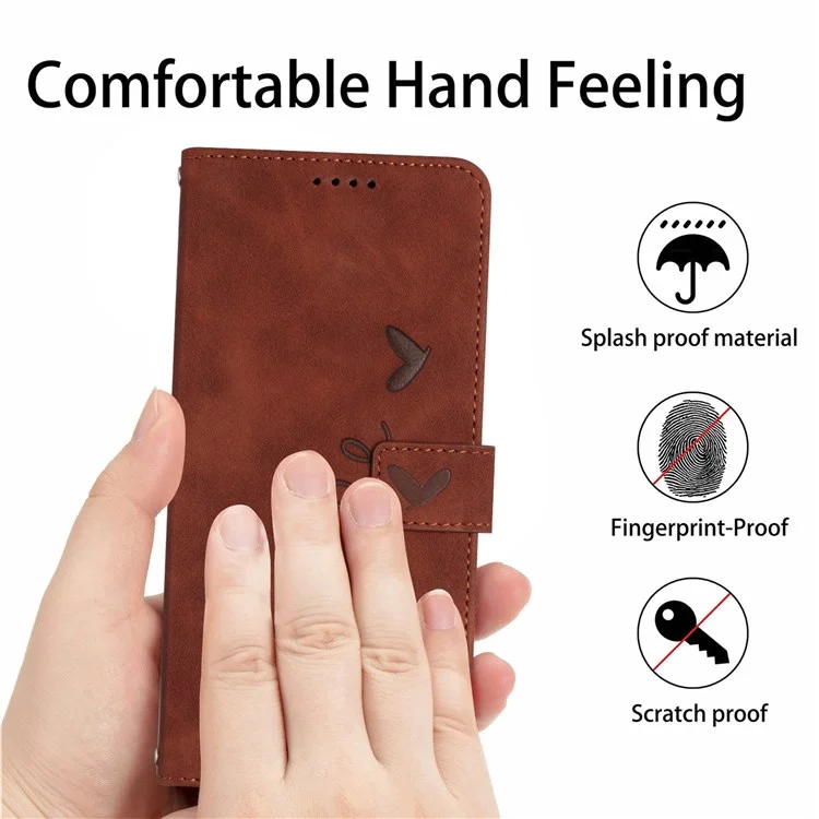 For Xiaomi 11T 5G/11T Pro 5G Drop-proof Heart Shape Imprinted Phone Case PU Leather Skin-touch Feeling Wallet Stand Well Protection Shell with Strap - Brown