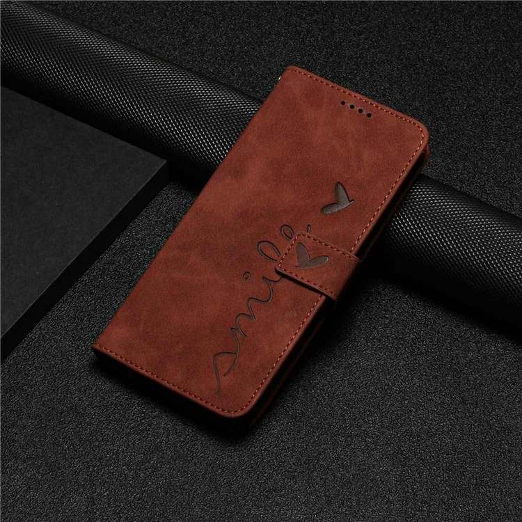 For Xiaomi 11T 5G/11T Pro 5G Drop-proof Heart Shape Imprinted Phone Case PU Leather Skin-touch Feeling Wallet Stand Well Protection Shell with Strap - Brown