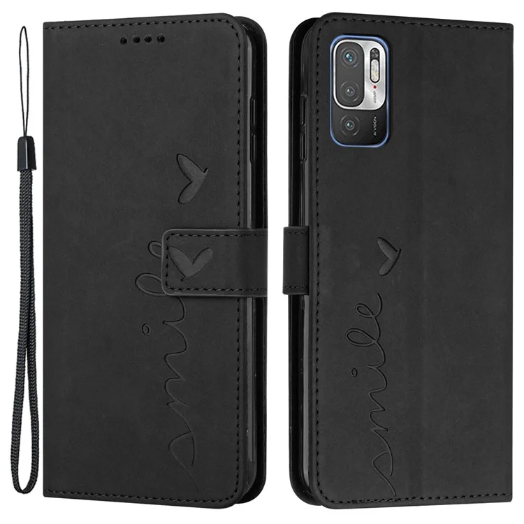 Herzform Eingeprägte Telefonhülle Für Xiaomi Redmi Anmerkung 10 5G/Note 10T 5G/Poco M3 Pro 5G/4G Anti-scratch Pu-leder-haut-touch-brieftasche Mit Riemen - Schwarz