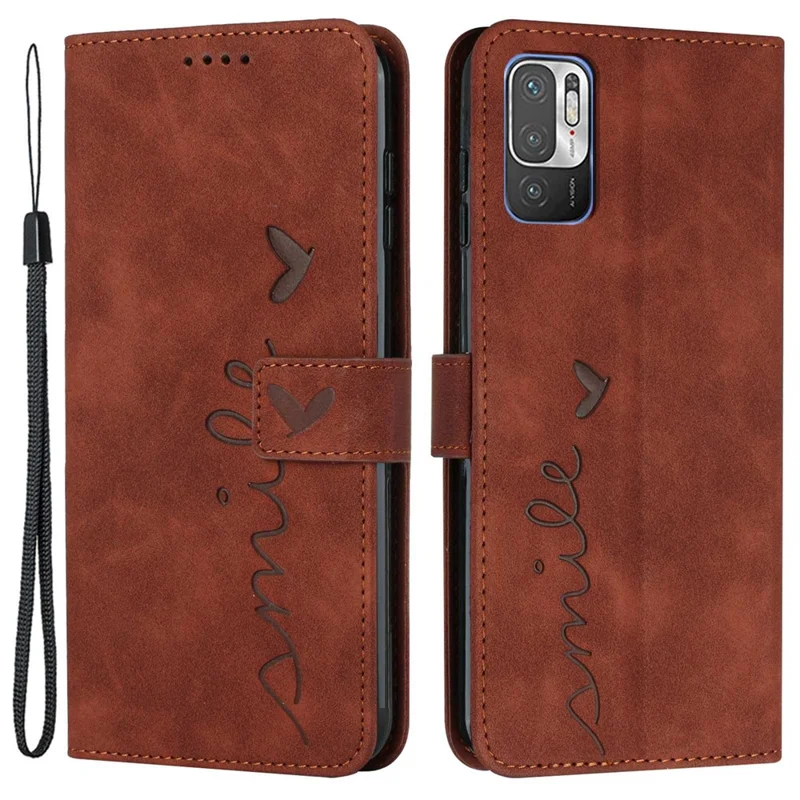 Forme de Cœur Étui de Téléphone Imprimé Pour Xiaomi Redmi Note 10 5g / Note 10T 5g / Poco M3 Pro 5g / 4g Anti-scratch PU le Cuir de Cuir de PU Skin-touch Feel Shel Shell Avec Sangle - Brun