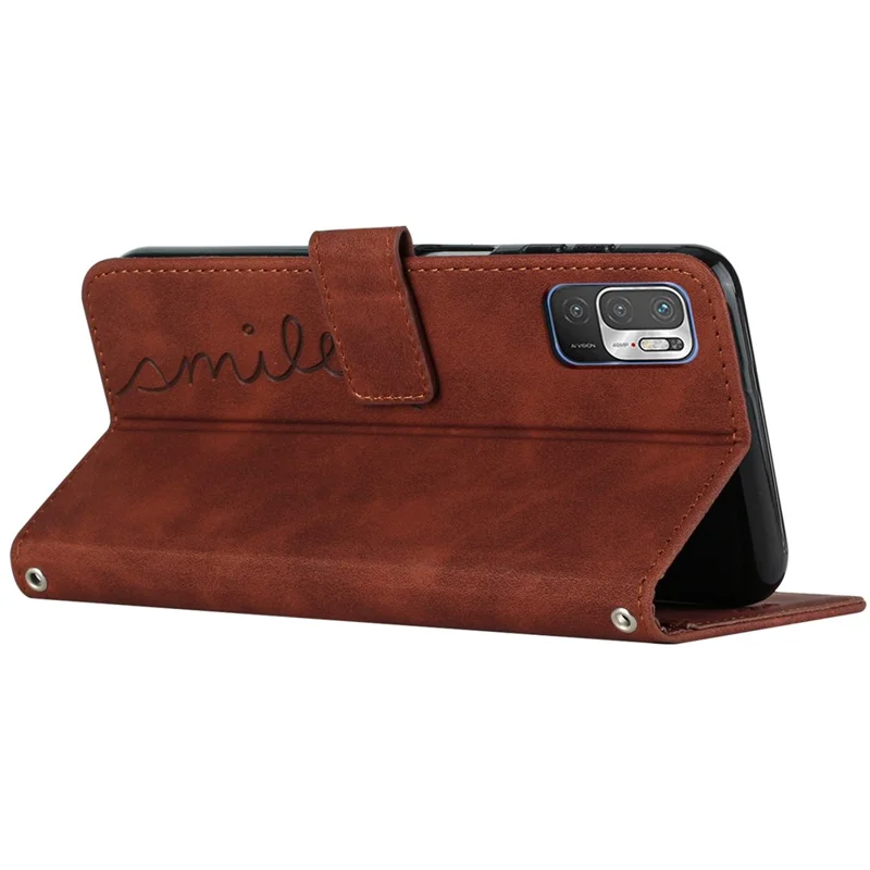 Forme de Cœur Étui de Téléphone Imprimé Pour Xiaomi Redmi Note 10 5g / Note 10T 5g / Poco M3 Pro 5g / 4g Anti-scratch PU le Cuir de Cuir de PU Skin-touch Feel Shel Shell Avec Sangle - Brun