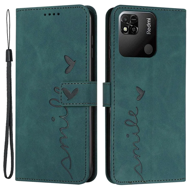 Para Xiaomi Redmi 10a/poco C31/Redmi 9C/9C NFC Heart Forma Impresión Teléfono pu pu Cuero Toque de Cuero Para la Billetera de la Billetera de Protección Con Correa Con Correa - Verde