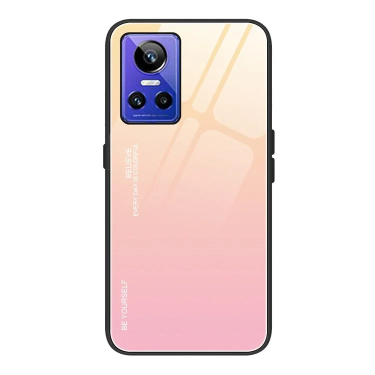 Für Realme GT Neo3 5G Stylish Tempered Glass + PC + TPU Phone Anti-scratch Cover Gradient Color Design Protective Case - Gold/Pink