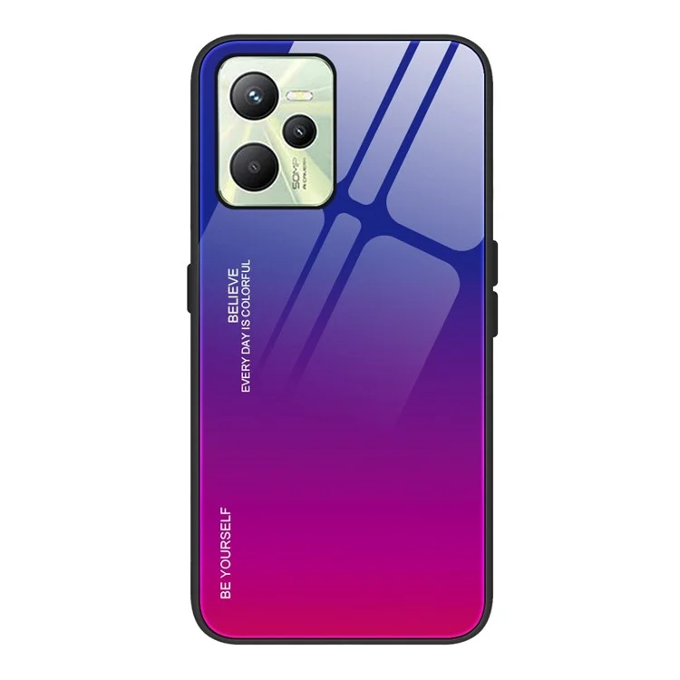 Para Realme C35 4G Light Fin Tempered Glass + PC + TPU Capa de Telefone Elegante Case de Design de Cor Gradiente Elegante - Azul/rosa Vermelho