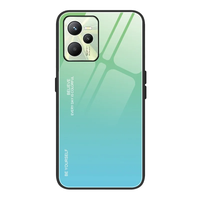 For Realme C35 4G Light Thin Tempered Glass + PC + TPU Phone Cover Stylish Gradient Color Design Case - Cyan/Blue