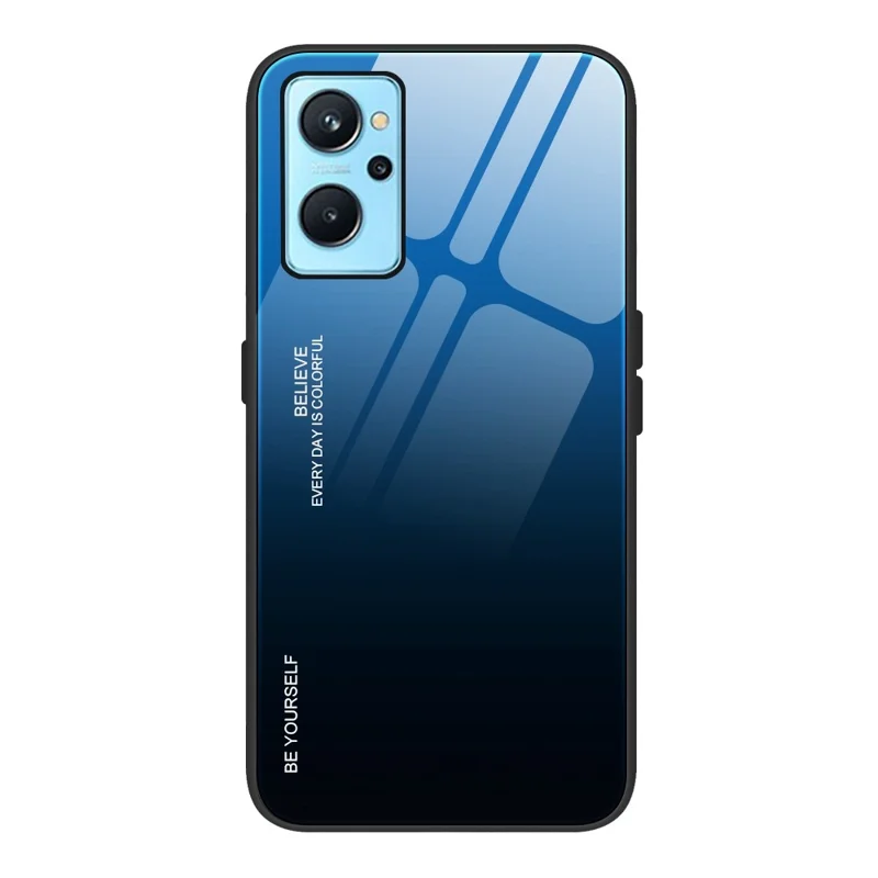 For Realme 9i/Oppo A76/A36 Tempered Glass + PC + TPU Phone Shell Gradient Color Design Drop-proof Fashionable Case - Blue/Black