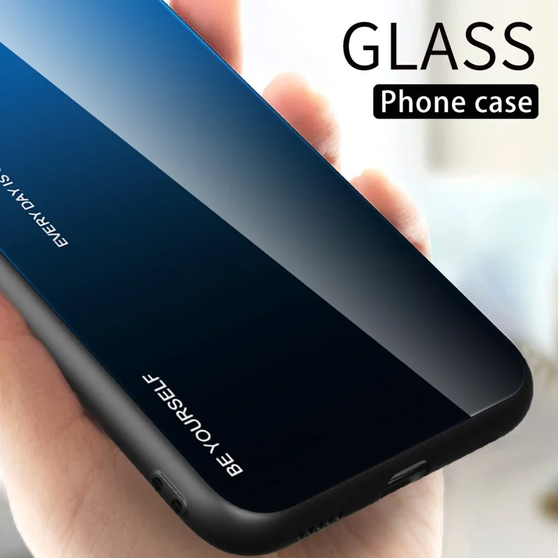 For Realme 9i/Oppo A76/A36 Tempered Glass + PC + TPU Phone Shell Gradient Color Design Drop-proof Fashionable Case - Blue/Black
