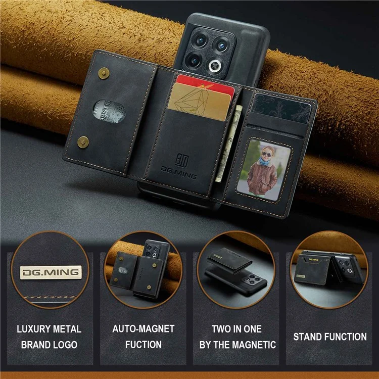DG.MING M2 Series for OnePlus 10 Pro 5G Detachable 2-in-1 Wallet Kickstand Case Magnetic Absorption Phone Cover - Black