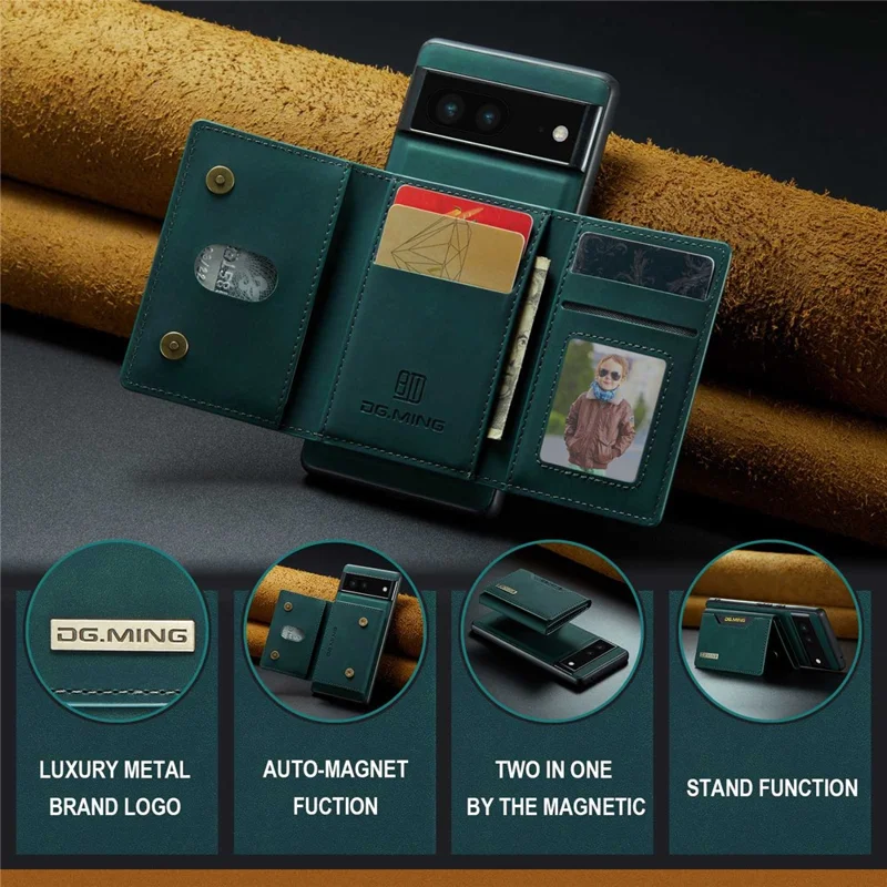 DG.MING M2 Series for Google Pixel 6a Detachable 2-in-1 Magnetic Wallet Phone Case Anti-scratch Kickstand Cover - Green