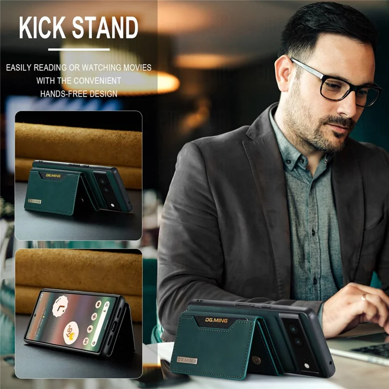 DG.MING M2 Series for Google Pixel 6a Detachable 2-in-1 Magnetic Wallet Phone Case Anti-scratch Kickstand Cover - Green