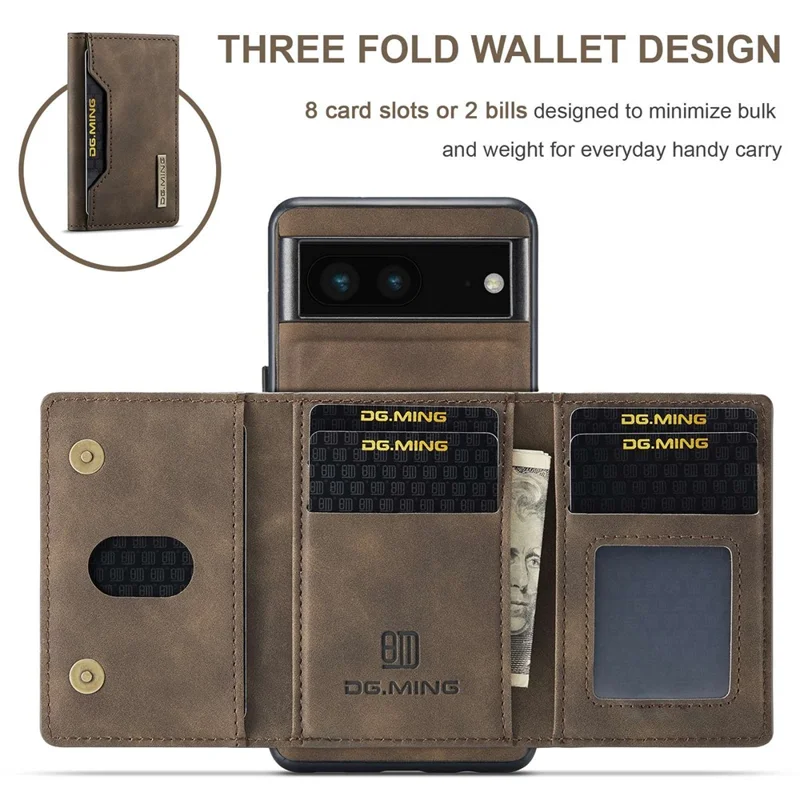 DG.MING M2 Series for Google Pixel 6a Detachable 2-in-1 Magnetic Wallet Phone Case Anti-scratch Kickstand Cover - Coffee