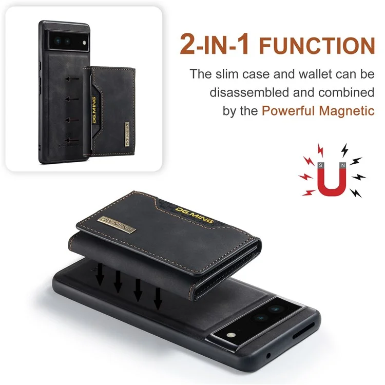 DG.MING M2 Series for Google Pixel 7 5G Magnetic Absorption Drop-proof Phone Case with Detachable Wallet/Kickstand - Black