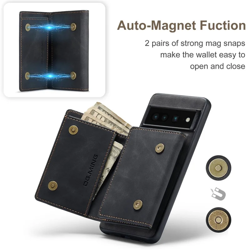 DG.MING M1 Series For Google Pixel 7 Pro 5G Магнитный съемный чехол-кошелек из ПК+ТПУ+PU с подставкой - Черный