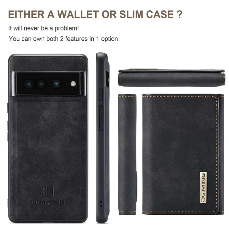 DG.MING M1 Series For Google Pixel 7 Pro 5G Магнитный съемный чехол-кошелек из ПК+ТПУ+PU с подставкой - Черный