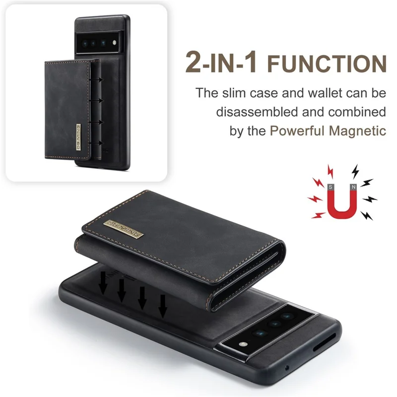 DG.MING M1 Series For Google Pixel 7 Pro 5G Магнитный съемный чехол-кошелек из ПК+ТПУ+PU с подставкой - Черный