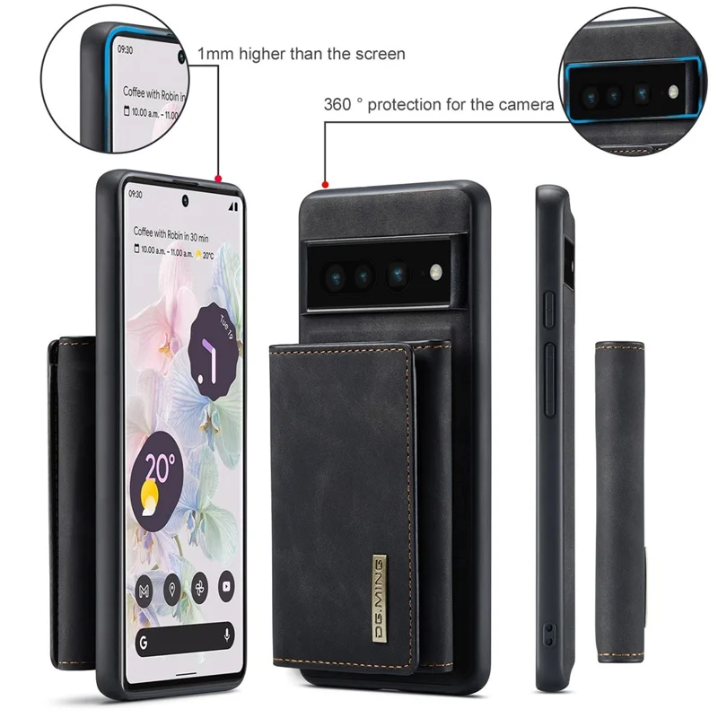 DG.MING M1 Series For Google Pixel 7 Pro 5G Магнитный съемный чехол-кошелек из ПК+ТПУ+PU с подставкой - Черный