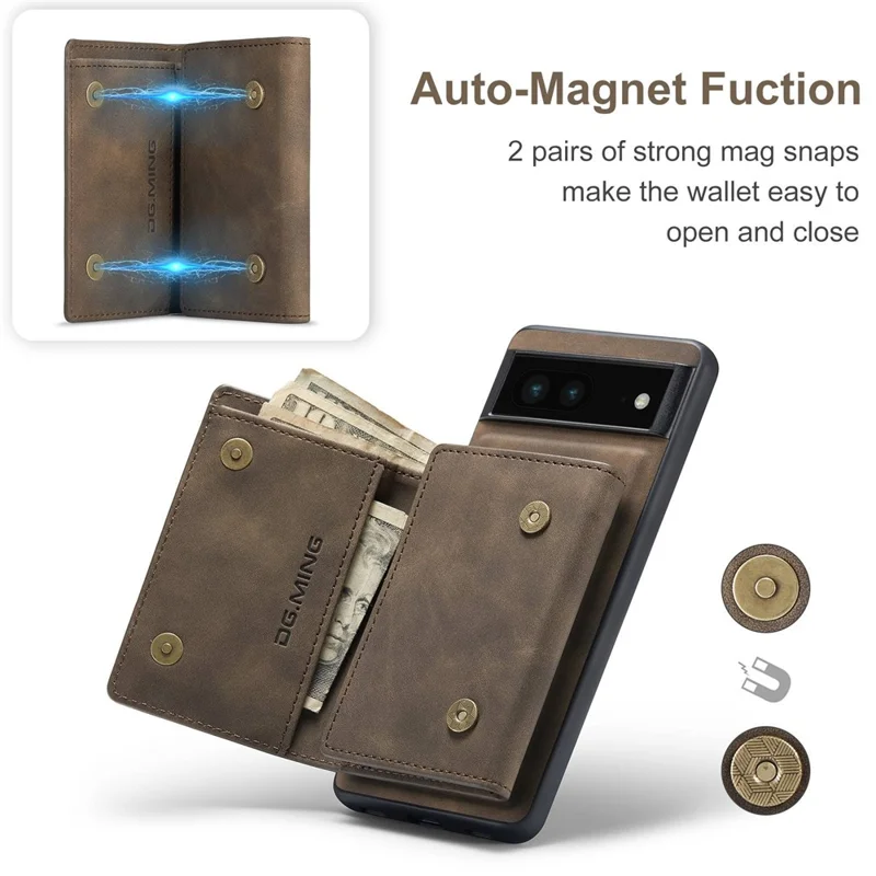 DG.MING M1 Series For Google Pixel 6a 5G Detachable Magnetic 2-in-1 Wallet PC+TPU+PU Leather Drop-proof Mobile Phone Case - Coffee