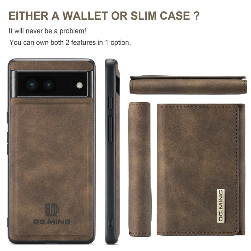 DG.MING M1 Series For Google Pixel 6a 5G Detachable Magnetic 2-in-1 Wallet PC+TPU+PU Leather Drop-proof Mobile Phone Case - Coffee
