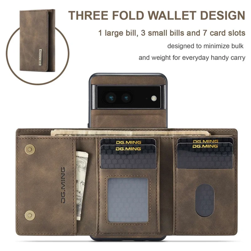 DG.MING M1 Series For Google Pixel 6a 5G Detachable Magnetic 2-in-1 Wallet PC+TPU+PU Leather Drop-proof Mobile Phone Case - Coffee