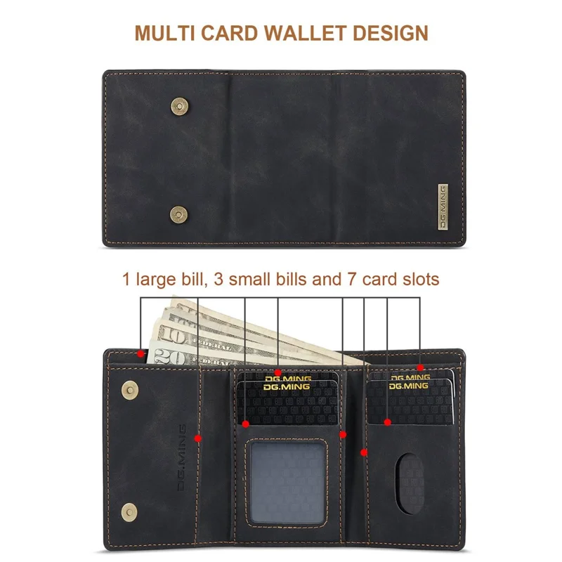 DG.MING M1 Series For Google Pixel 7 5G Magnetic 2-in-1 Wallet PC+TPU+PU Leather Phone Protective Case - Black