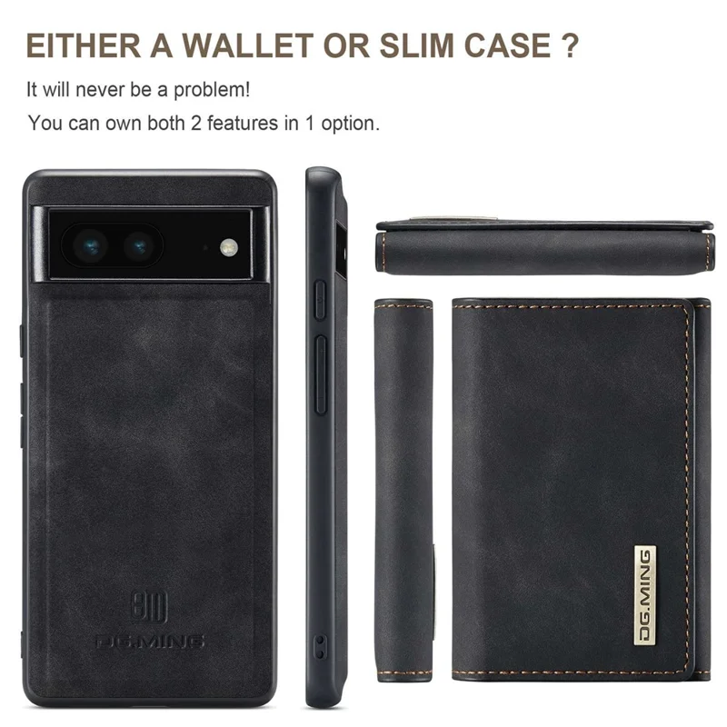 DG.MING M1 Series For Google Pixel 7 5G Magnetic 2-in-1 Wallet PC+TPU+PU Leather Phone Protective Case - Black