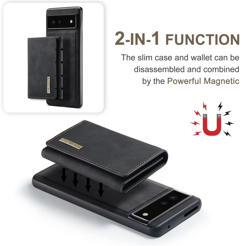 DG.MING M1 Series For Google Pixel 7 5G Magnetic 2-in-1 Wallet PC+TPU+PU Leather Phone Protective Case - Black