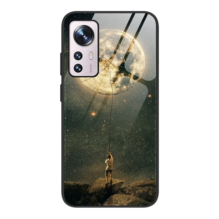 For Xiaomi 12 5G/12X 5G/12S 5G Pattern Printing Anti-fall Tempered Glass Phone Case Hard PC Soft TPU Cellphone Cover - Moon