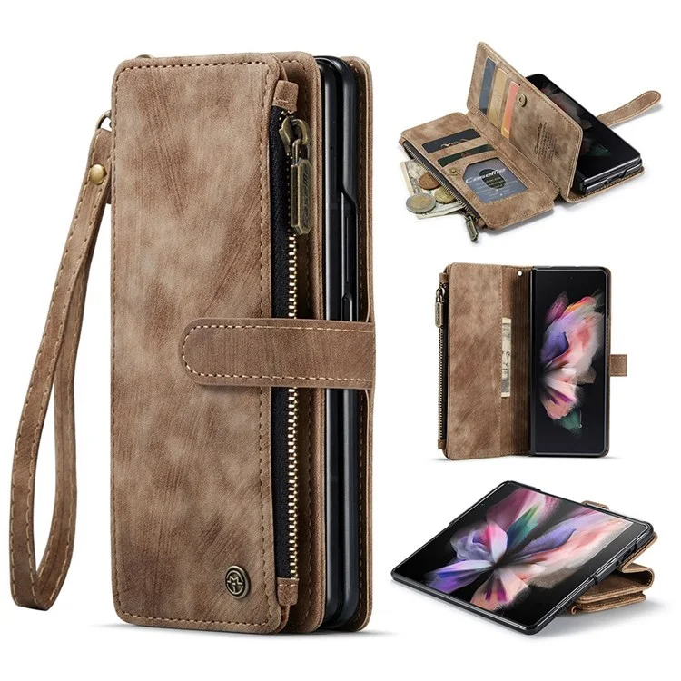 CASEME C30 Series per Samsung Galaxy Z Fold4 5G Zipper Pocket Wallet PU Leather 5 Card Slots Stand Cell Phone Cover - Marrone