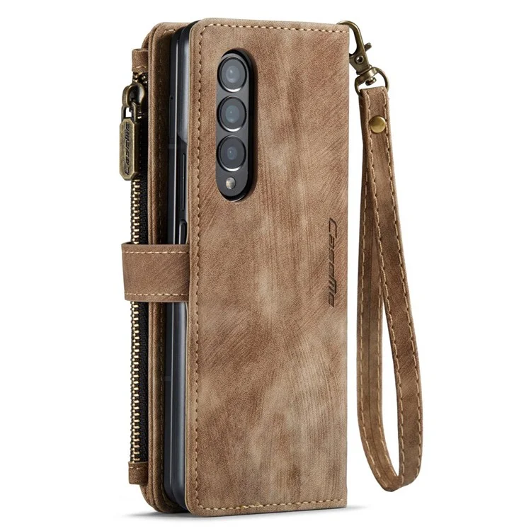 CASEME C30 Series per Samsung Galaxy Z Fold4 5G Zipper Pocket Wallet PU Leather 5 Card Slots Stand Cell Phone Cover - Marrone