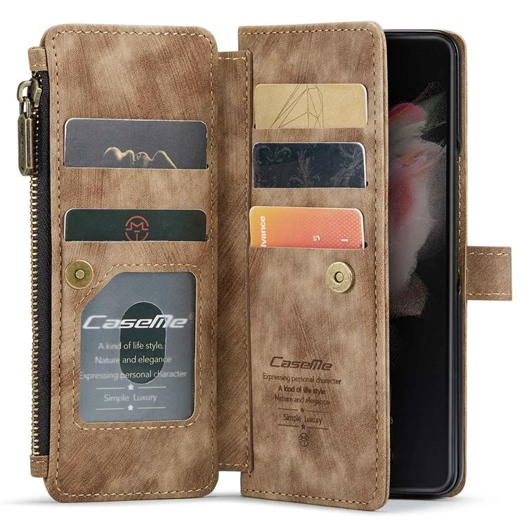 CASEME C30 Series per Samsung Galaxy Z Fold4 5G Zipper Pocket Wallet PU Leather 5 Card Slots Stand Cell Phone Cover - Marrone