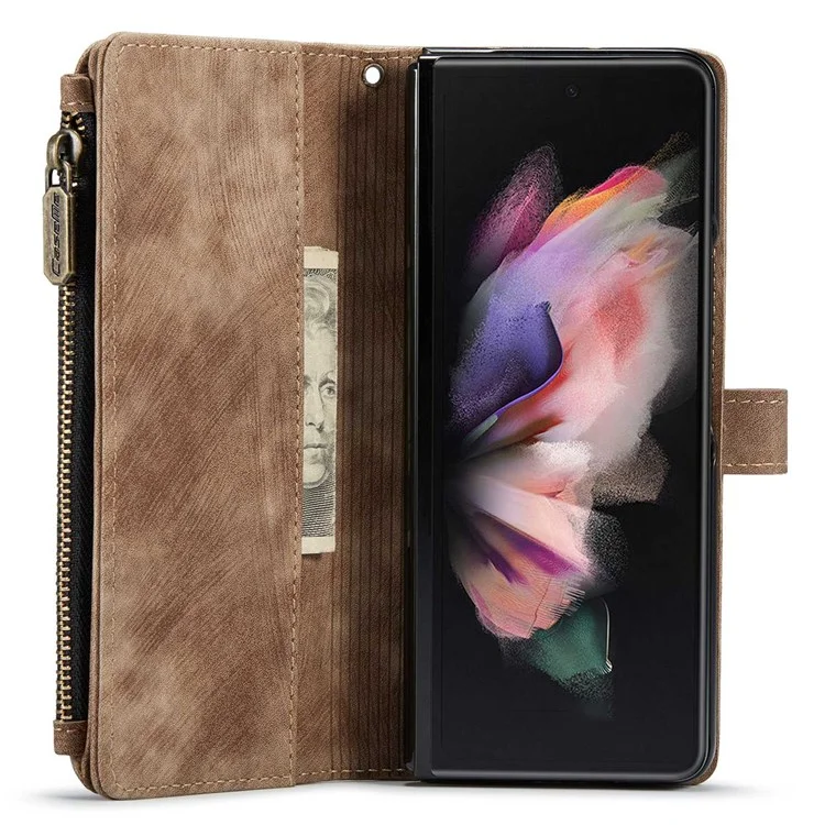 CASEME C30 Series per Samsung Galaxy Z Fold4 5G Zipper Pocket Wallet PU Leather 5 Card Slots Stand Cell Phone Cover - Marrone