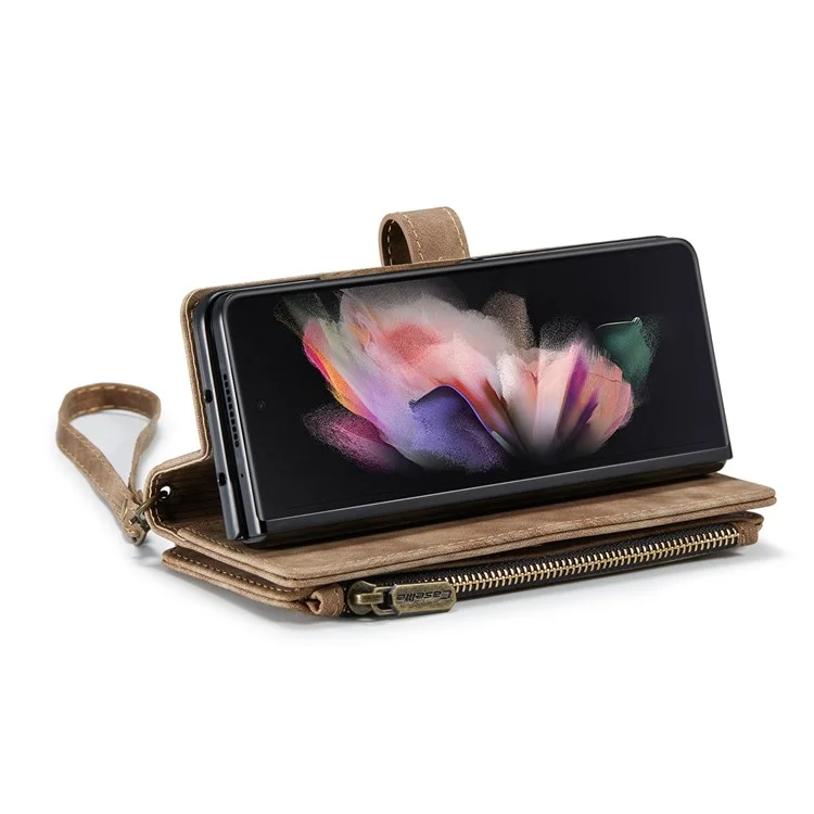 CASEME C30 Series per Samsung Galaxy Z Fold4 5G Zipper Pocket Wallet PU Leather 5 Card Slots Stand Cell Phone Cover - Marrone