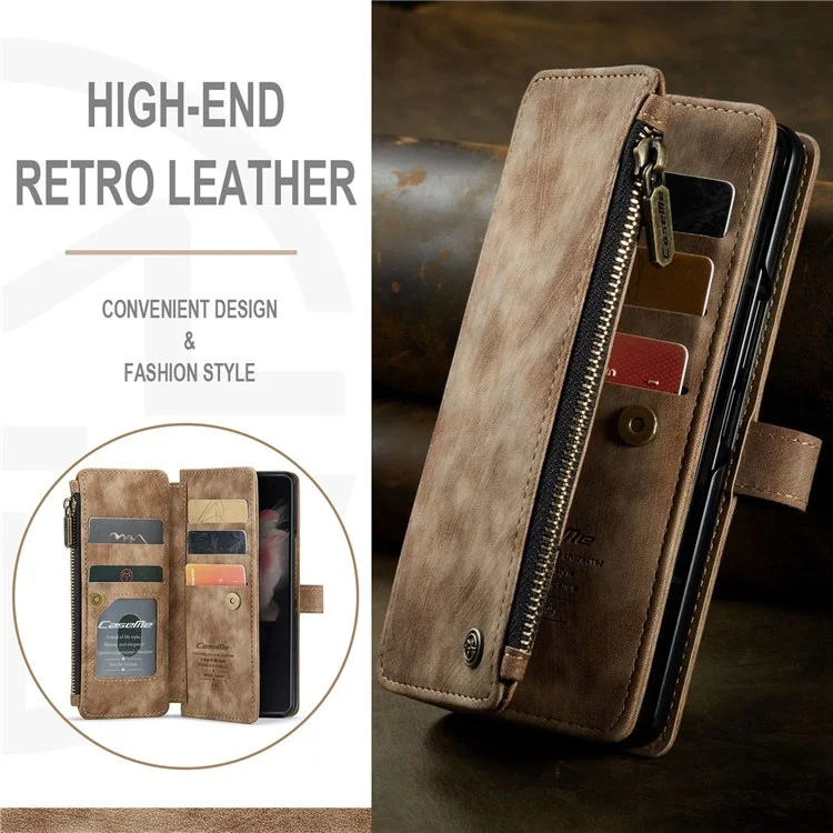CASEME C30 Series per Samsung Galaxy Z Fold4 5G Zipper Pocket Wallet PU Leather 5 Card Slots Stand Cell Phone Cover - Marrone