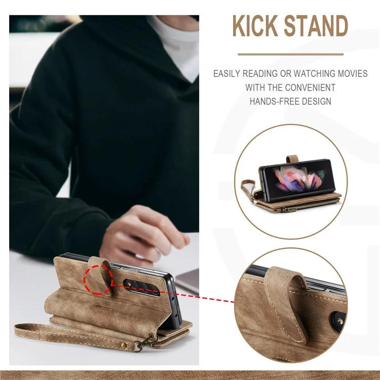 CASEME C30 Series per Samsung Galaxy Z Fold4 5G Zipper Pocket Wallet PU Leather 5 Card Slots Stand Cell Phone Cover - Marrone
