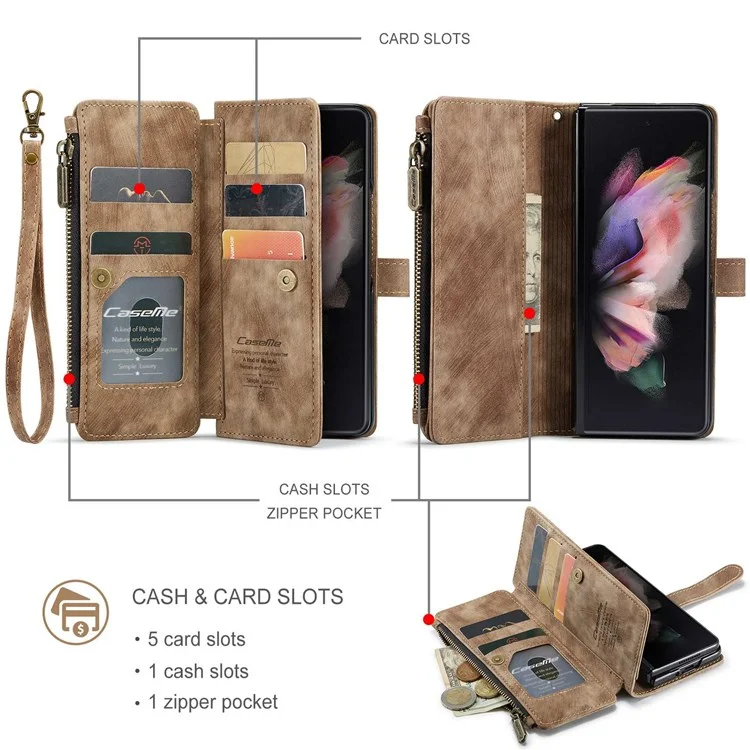 CASEME C30 Series per Samsung Galaxy Z Fold4 5G Zipper Pocket Wallet PU Leather 5 Card Slots Stand Cell Phone Cover - Marrone