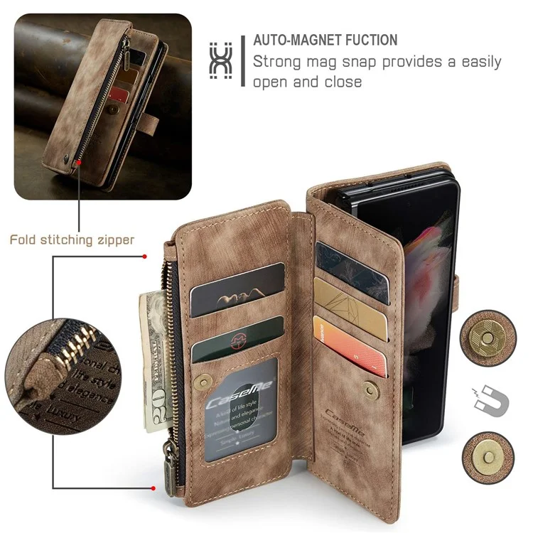 CASEME C30 Series per Samsung Galaxy Z Fold4 5G Zipper Pocket Wallet PU Leather 5 Card Slots Stand Cell Phone Cover - Marrone