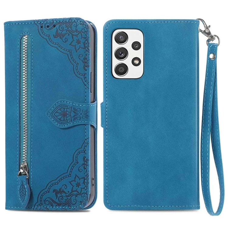 Pour Samsung Galaxy A52 4G/5G/A52s 5G Étui portefeuille en cuir avec poche Zipée Conception imprimée Antichoc Support Wallet Flip Shell avec Sangle - Bleu